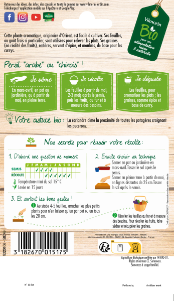 Aromatiques - Coriandre Cultivée - BIO - Grand Modèle - MEDIA_PACKAGING_VERSO
